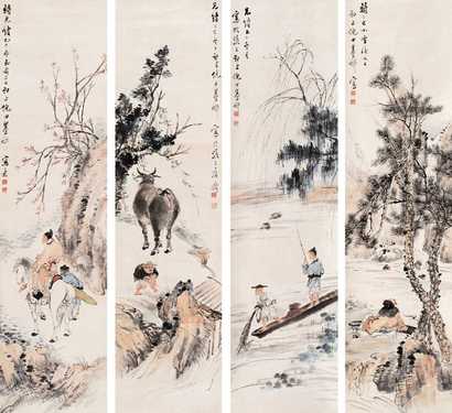 倪田 1905年作 人物故事屏 立轴